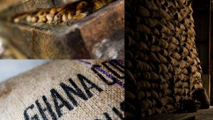 Collage af kakaobønner i sække