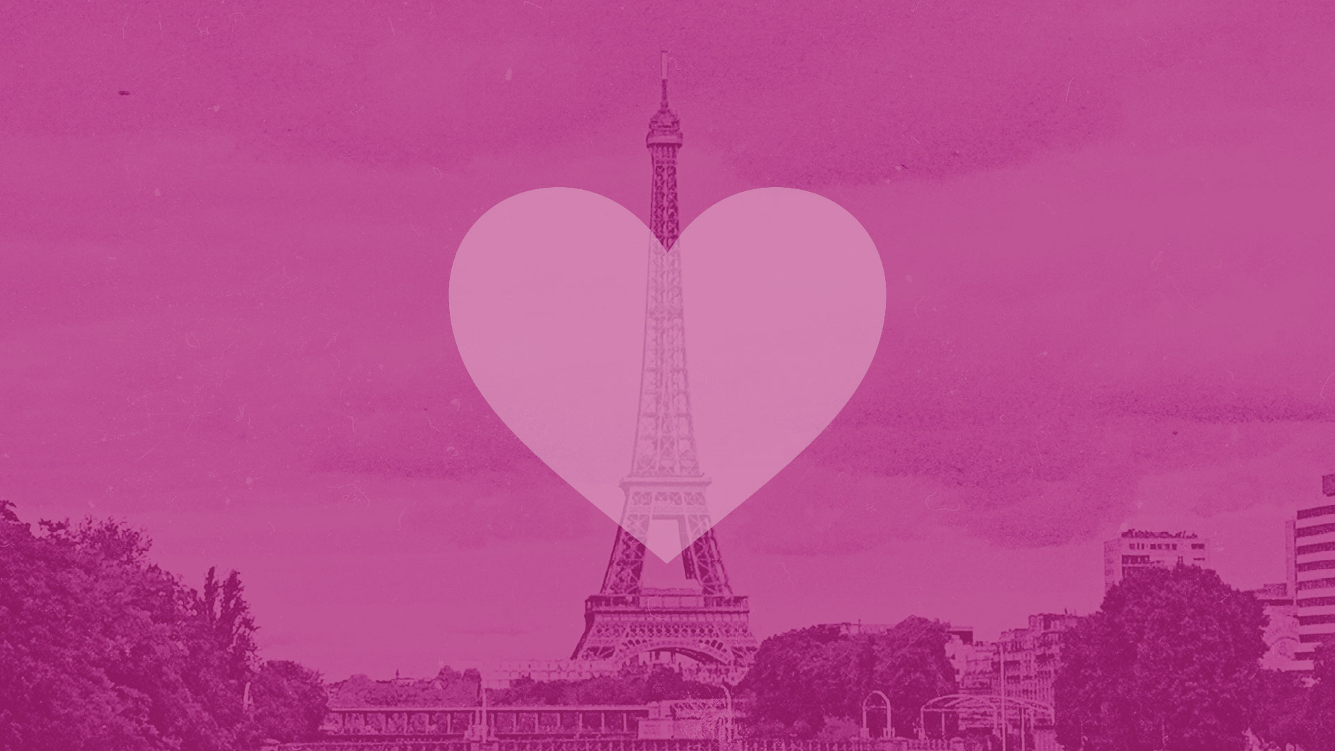eiffeltårnet i lyserøde farvetoner dækket af et halvgennemsigtigt lyserødt hjerte